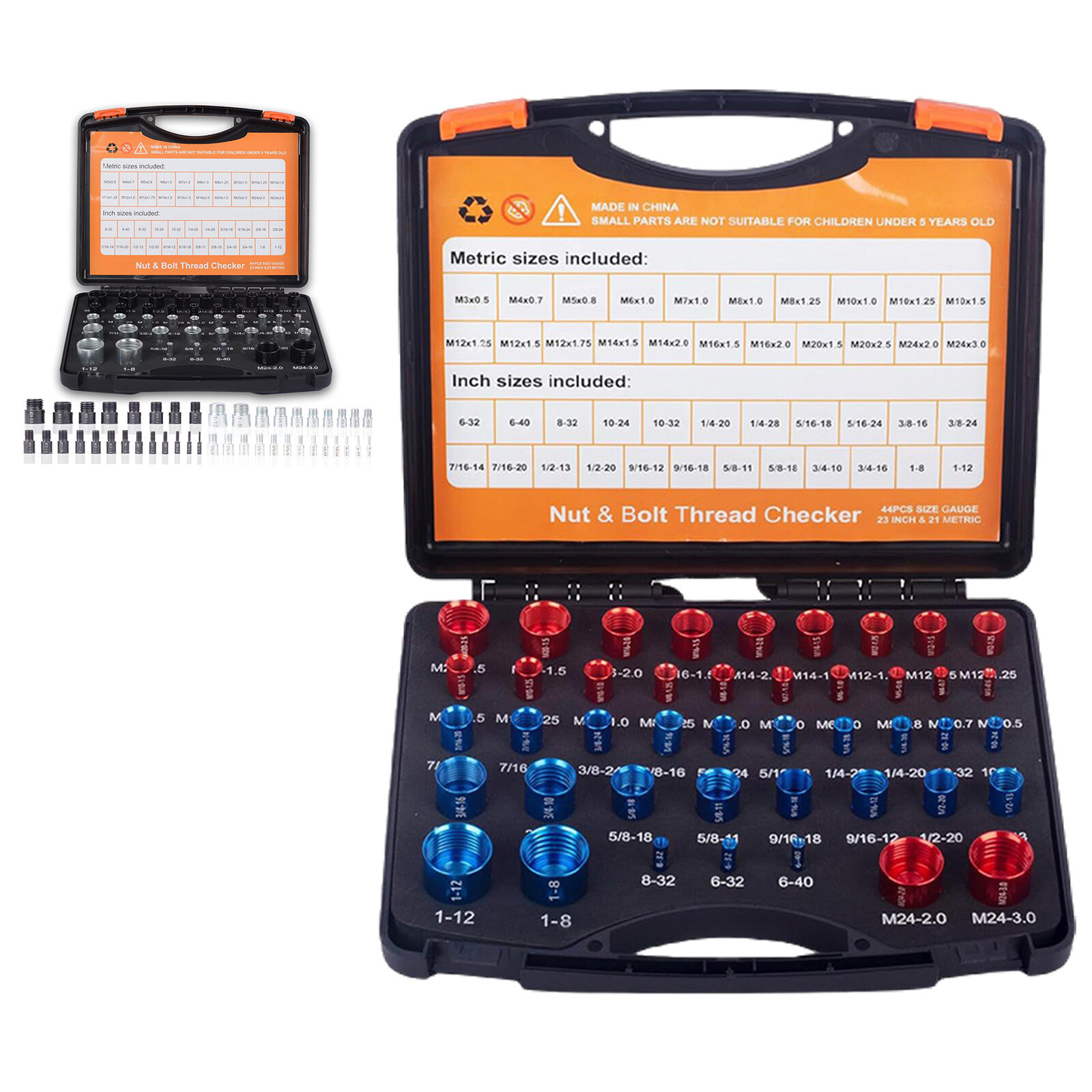 US 44pcs Nut & Bolt Thread Checker Identifier Inch & Metric Thread Gauges W/Box