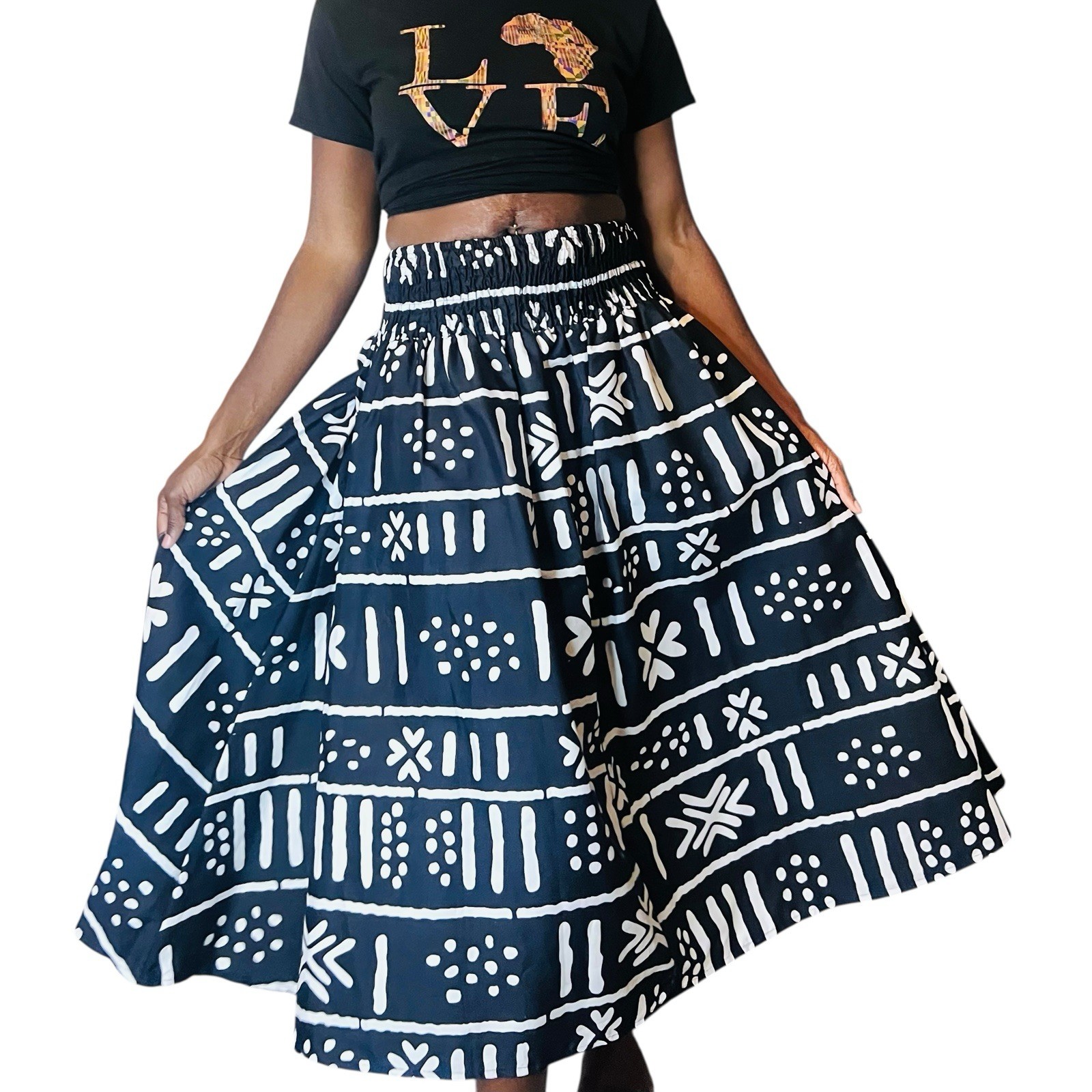 Black & White Women, Tribal Print, Stretchy Belt Line Long Flare Out Skirt ￼
