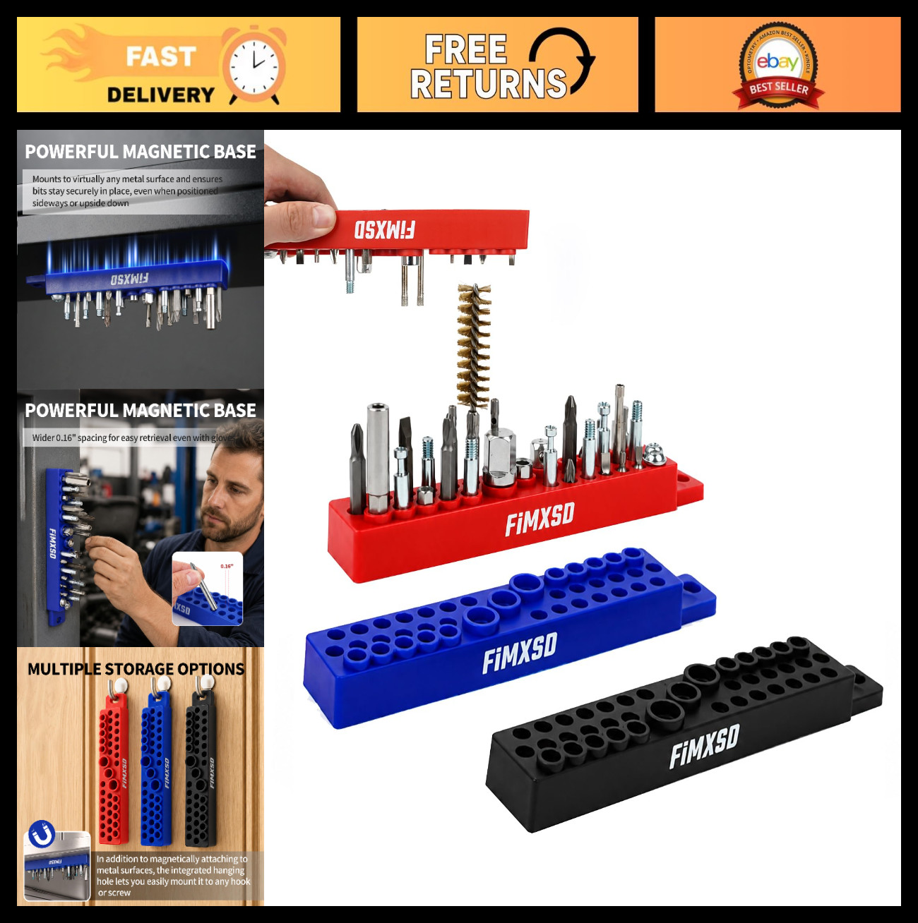 Magnetic Hex Bit Holder 1/4" with 39 Holes, Strong Base & Wall Mount, Tool Organ
