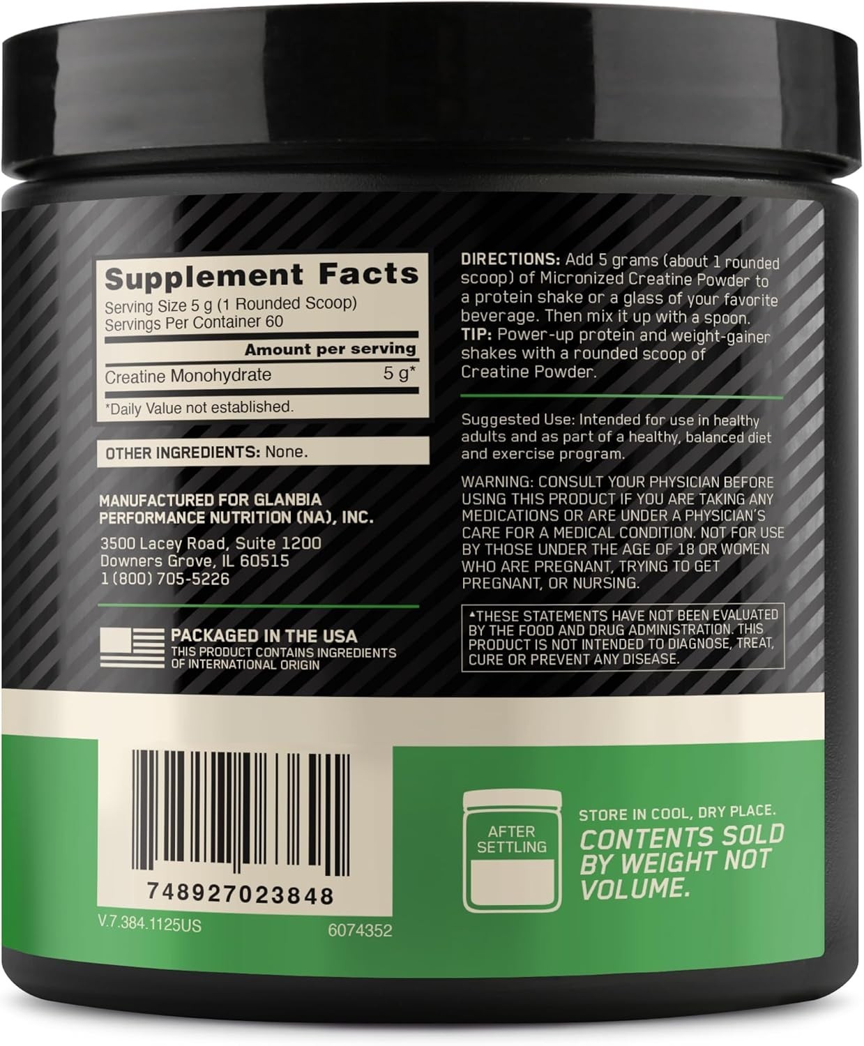 Micronized Creatine Monohydrate Powder, 5g/Serv, Banned Substance Tested