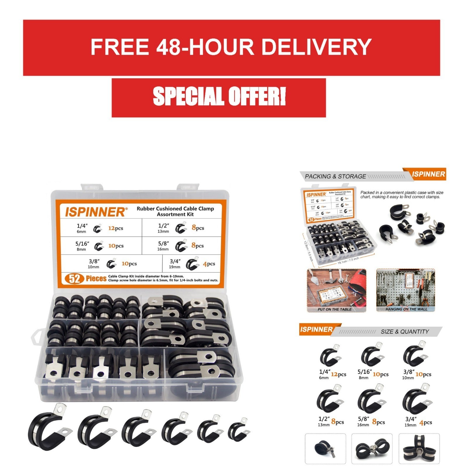 52pcs Stainless Steel Cable Clamps Assortment Kit - Rubber Cushioned