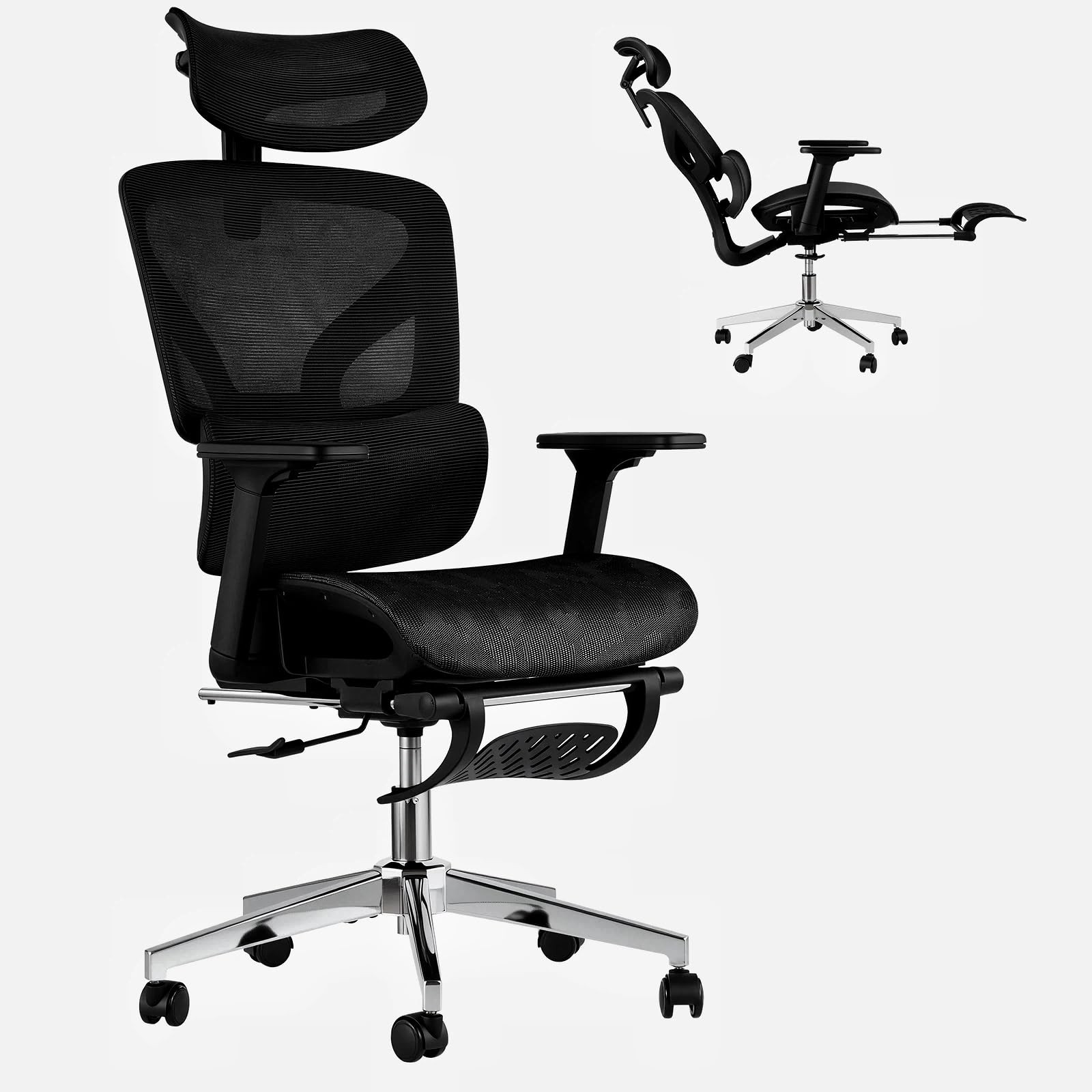 Ergonomic Desk Chair W/ Footrest, Fabric Mesh Computer Chair Adjustable Headrest