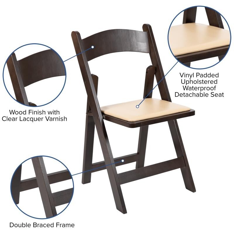 (4 PACK) Chocolate Wood Folding Chair with Black Vinyl Seat - Wedding Chair