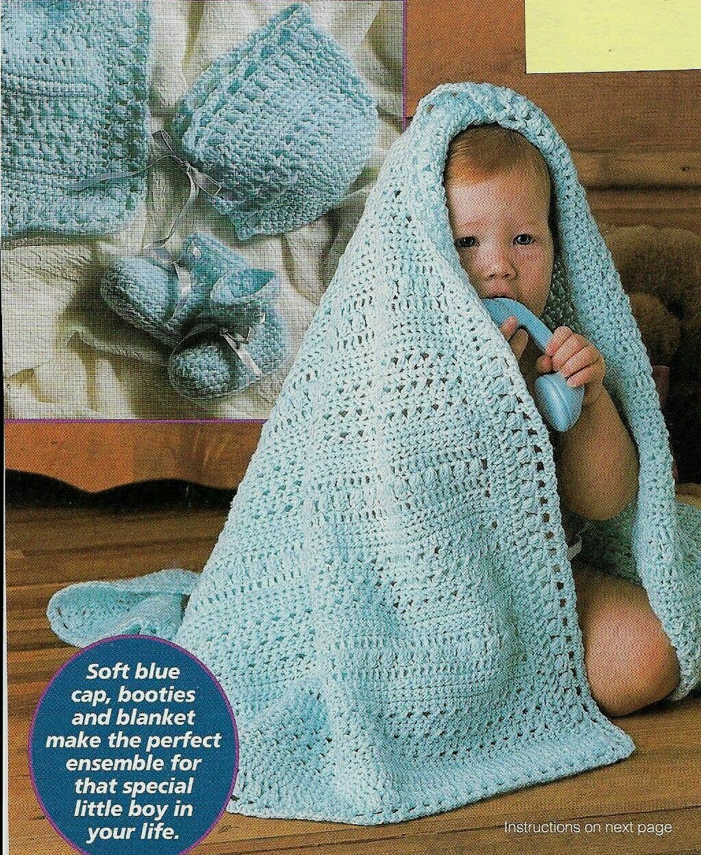 BLUE BOY SET BABY BOOTIES HAT & AFGHAN DIGEST SIZE CROCHET PATTERN INSTRUCTIONS