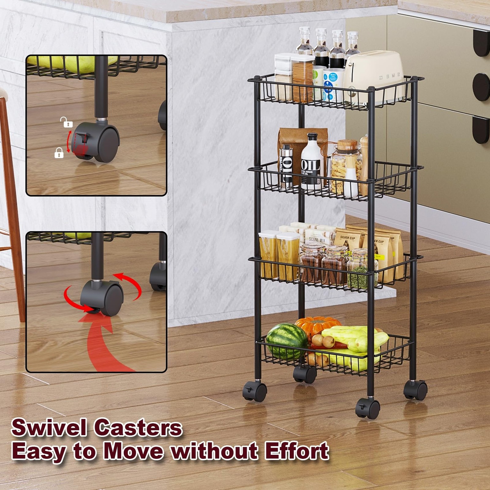 4Tier Metal Rolling Utility Cart Removable Baskets Storage Wheels Black