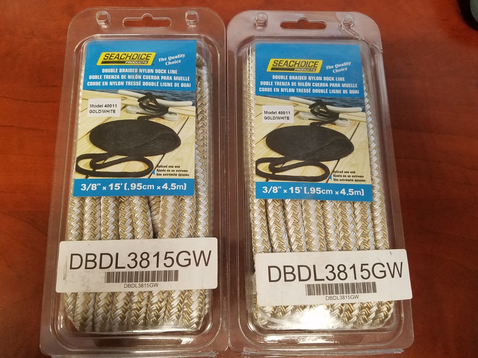3/8 x 15 Ft Gold & White Double Braid Nylon Mooring and Docking Line, SET OF 2