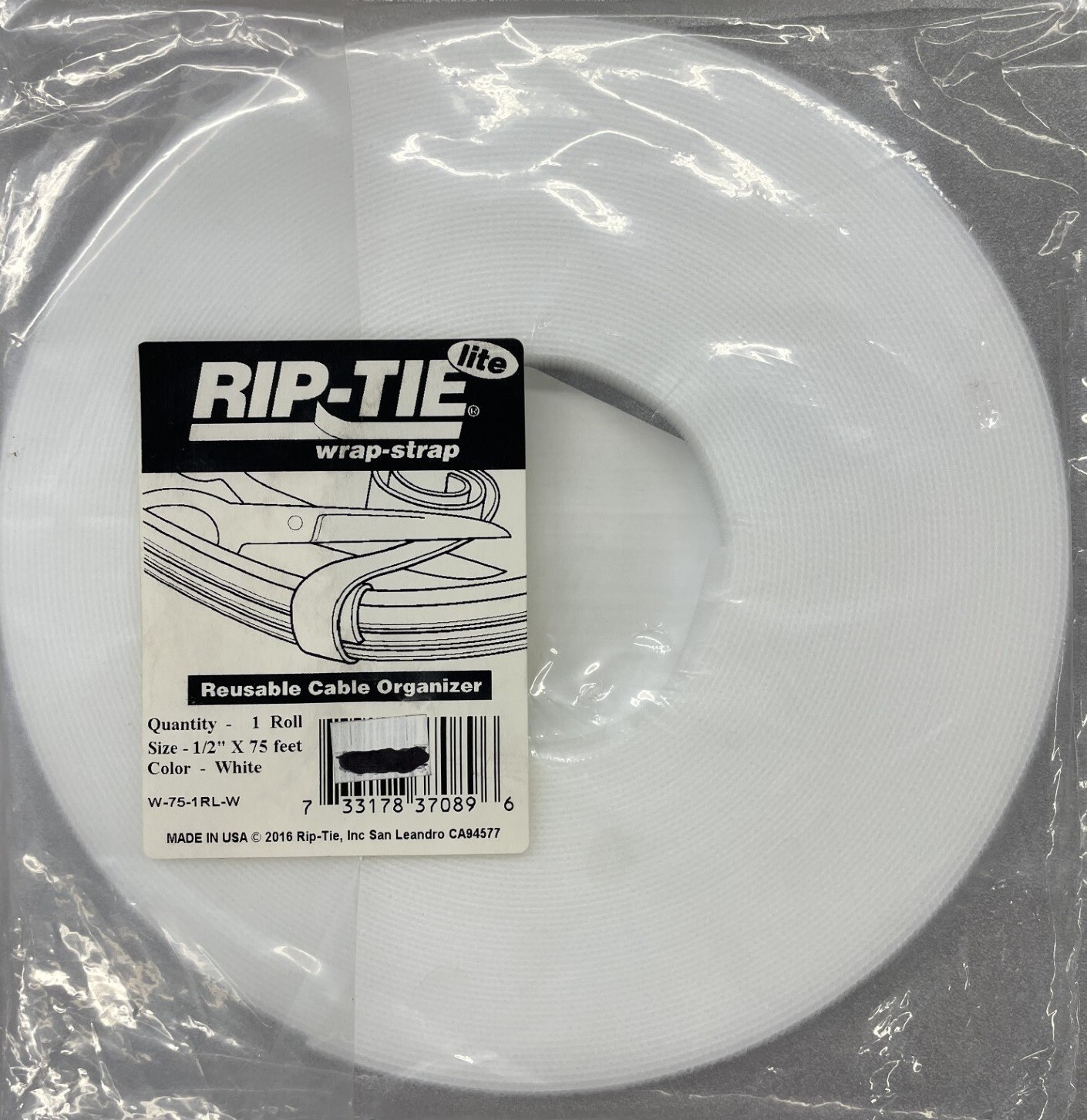 Rip-Tie W-75-1RL-W WrapStrap Cable Wrap, 1/2" x 75 ft. White