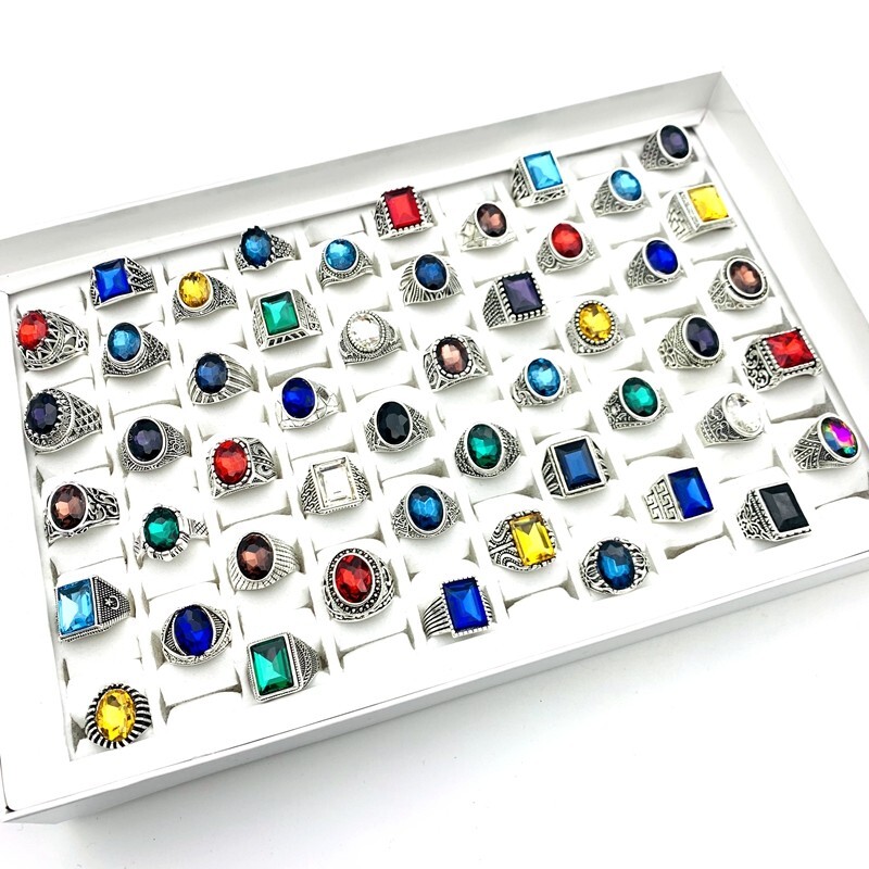 Wholesale 20/50/100pcs Rings For Men Women Retro Silver Glass Stone Jewelry