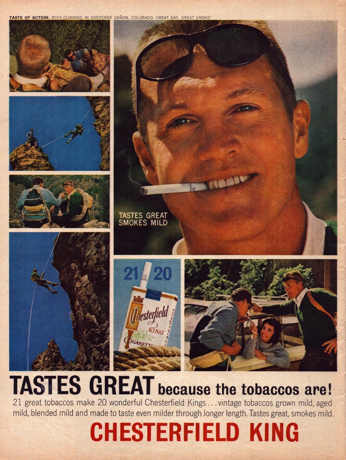 1964 Chesterfield King Cigarettes Print Ad Taste Of Action Rock Climbing