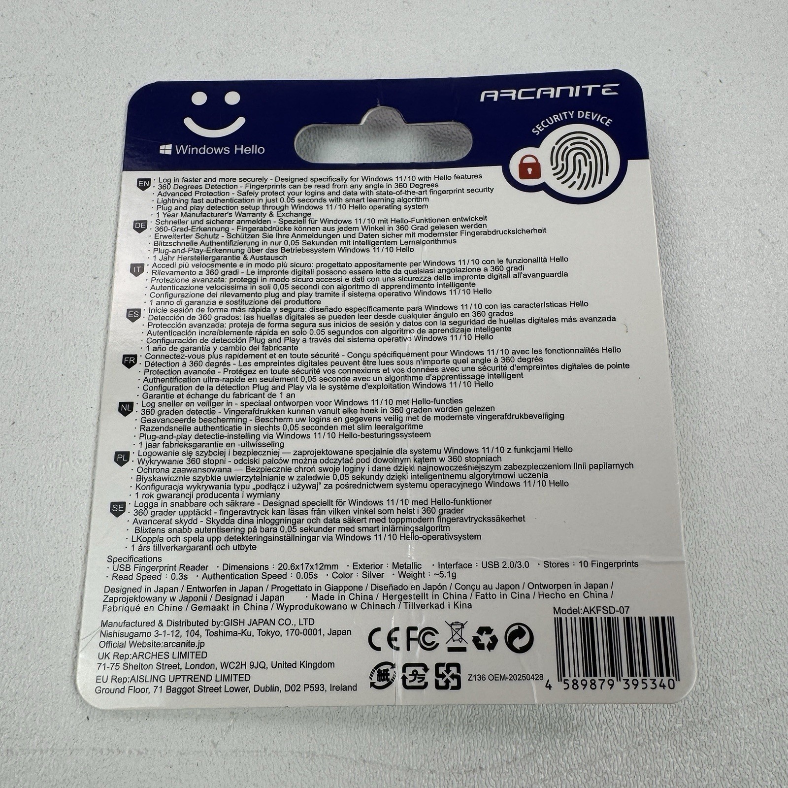 ARCANITE USB Fingerprint Reader for Windows 10 Hello Security