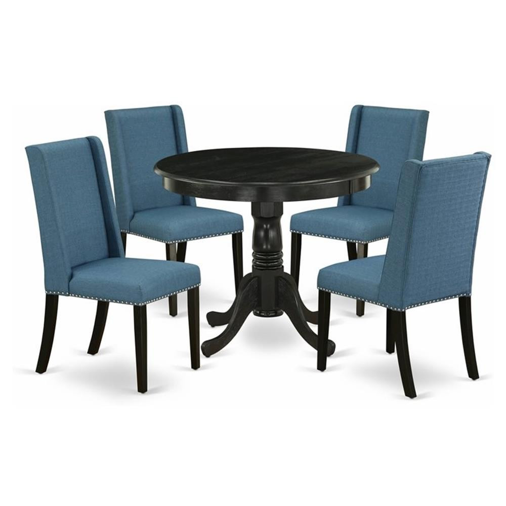 East West Furniture Antique 5-piece Wood Dining Set in Black/Mineral Blue
