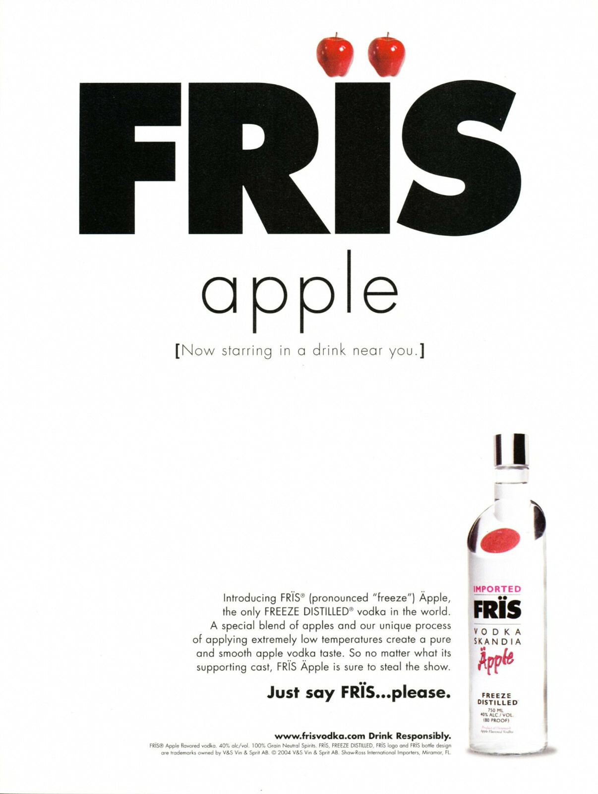 FRIS VODKA AD #7 RARE 2004 OUT OF PRINT "APPLE"