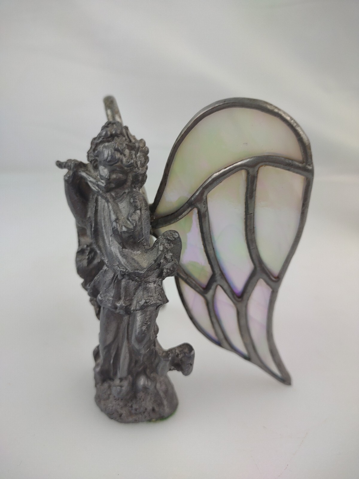 Standing Angel with Ribbon Hand Cast metal Sculpture with stain glass wings