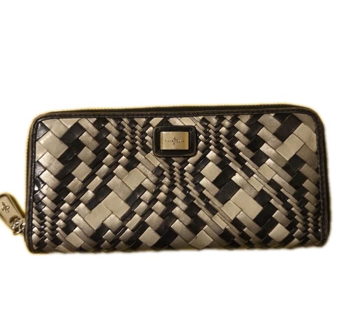 Cole Haan Wallet Leather Weave Black Gold Zip Closure Coin Pocket Card Holder