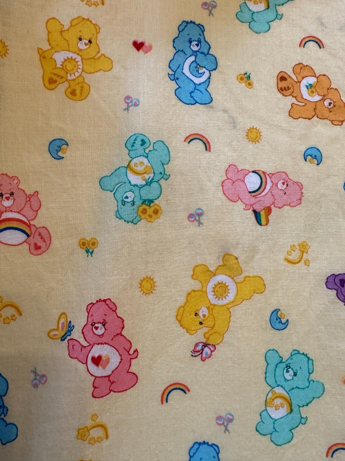 Care Bears Hearts, Moon etc. on Yellow Fabric by Cranston 2004 OOP BTFQ