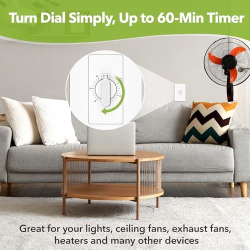 60 Minute Spring Wound Countdown Timer Switch for Bathroom Exhaust Fan, in