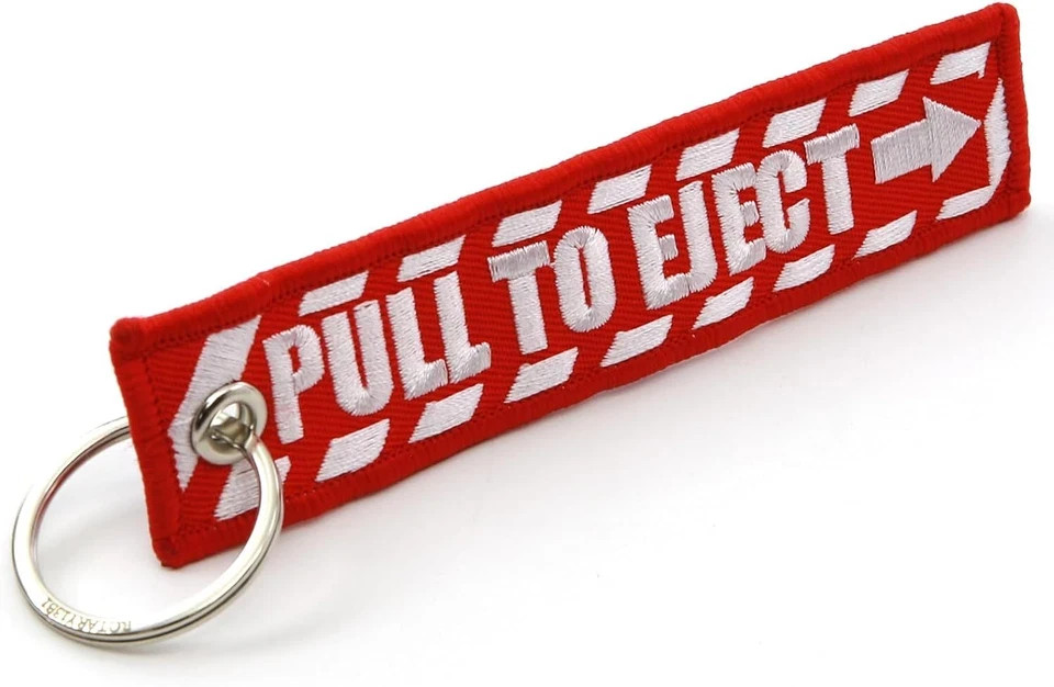 PULL to EJECT Key Chain - Red with White Embroidered Letters - Quantity = 1