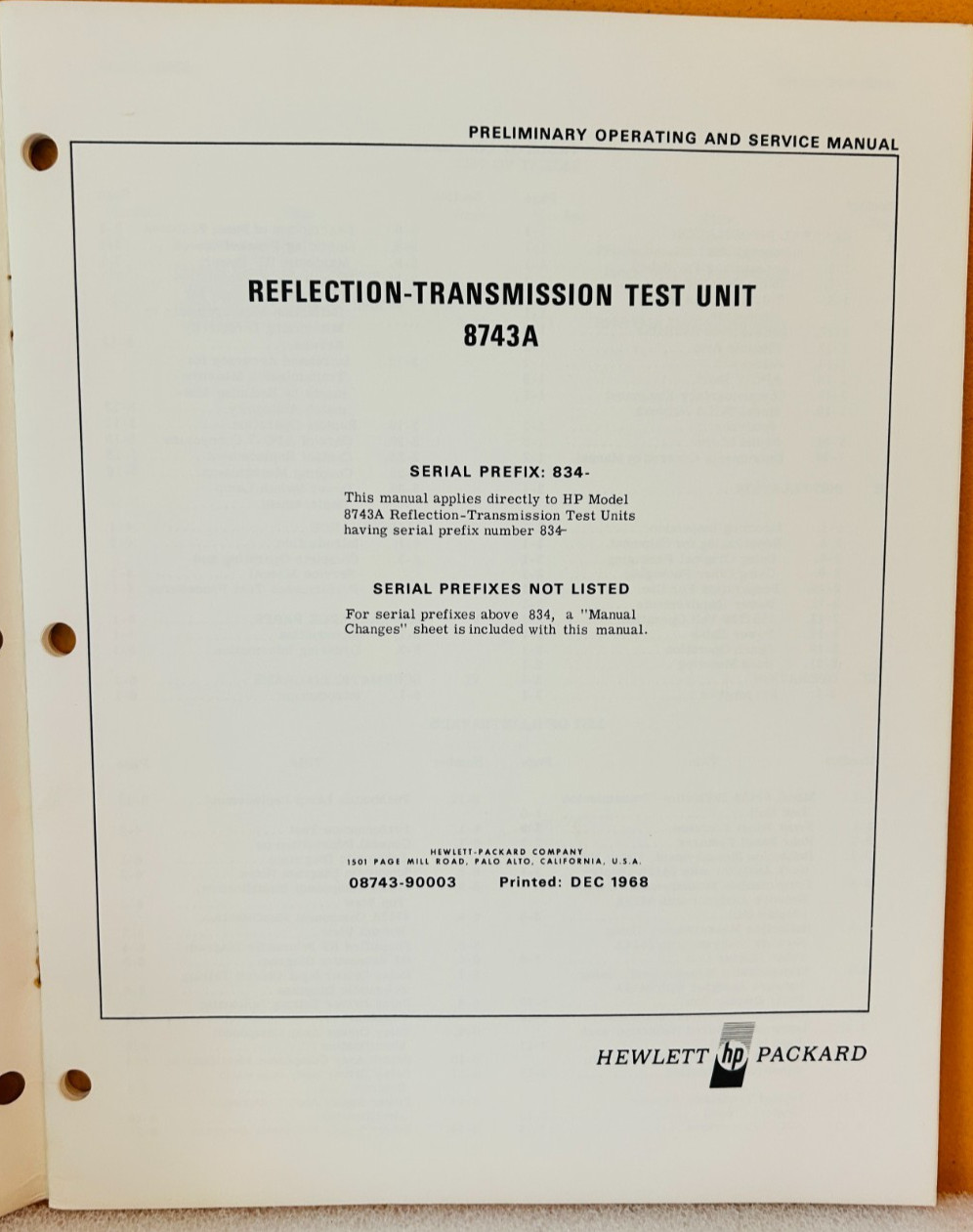 HP 08743-90003 Model 8743A Reflection-Transmission Test Unit Service Manual.