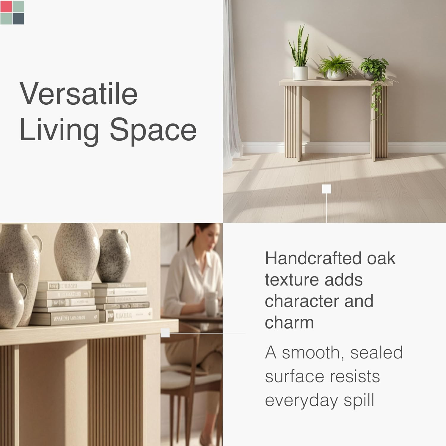 Fluted Console Table – Weathered White Solid Wood Entryway Table with Oak Grain