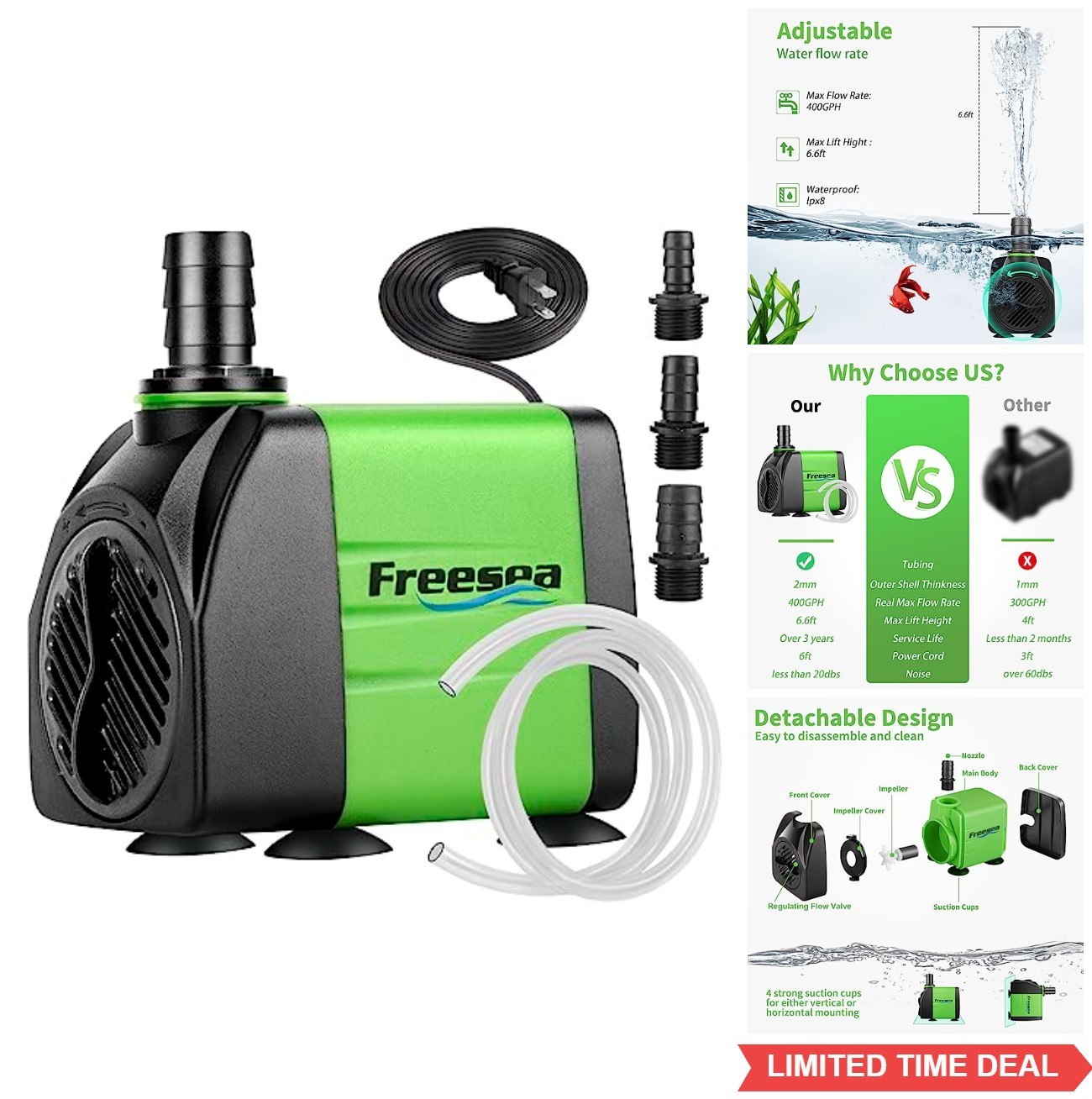Submersible Aquarium Fountain Pump 400GPH 25W Adjustable Quiet Water Pond