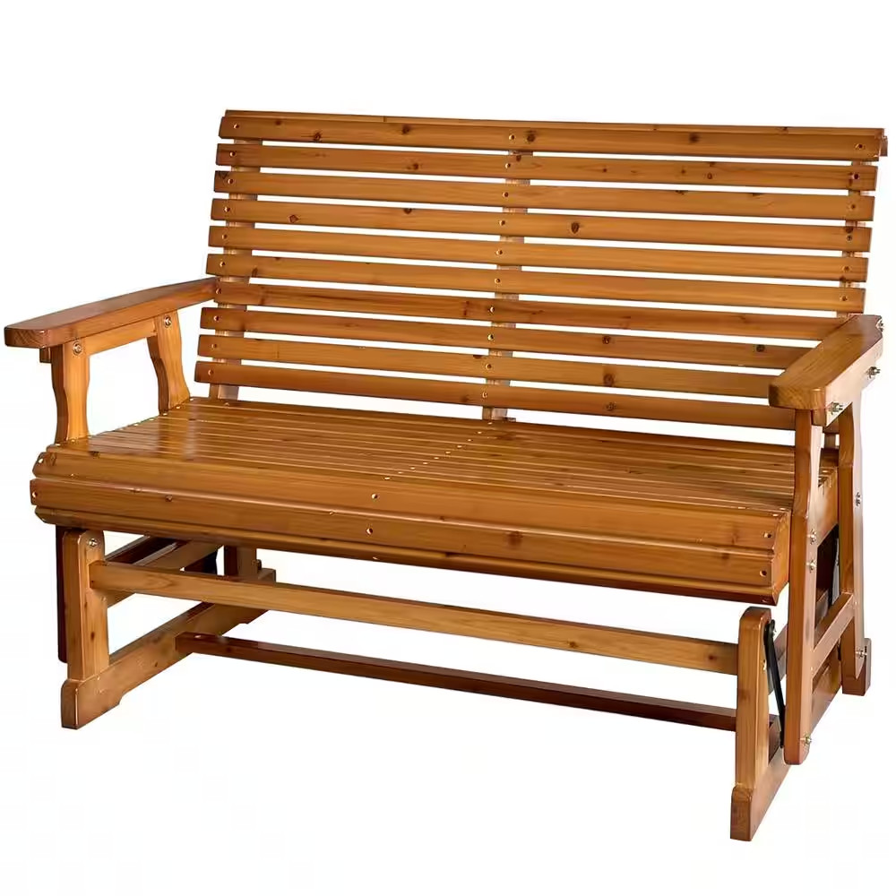 2-Person Solid Fir Wood Outdoor Glider with High Roll Back and Deep Contoured Se