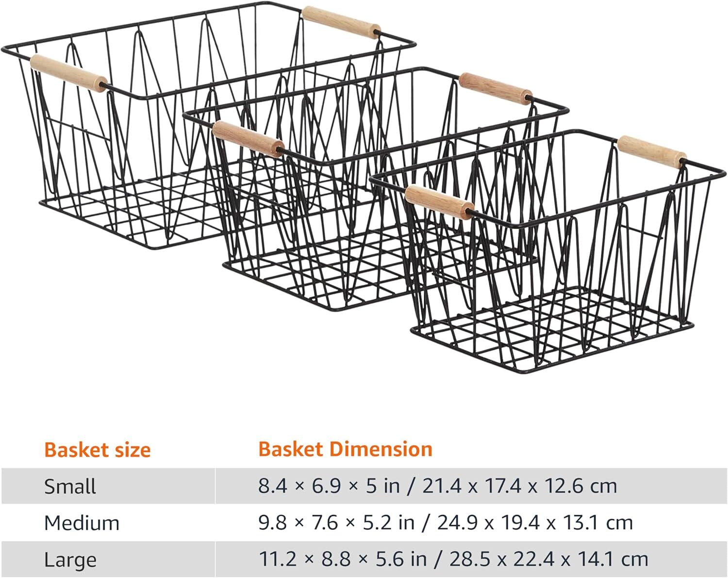 Rectangular Wire Storage Baskets, Set of 3, Standard, Black