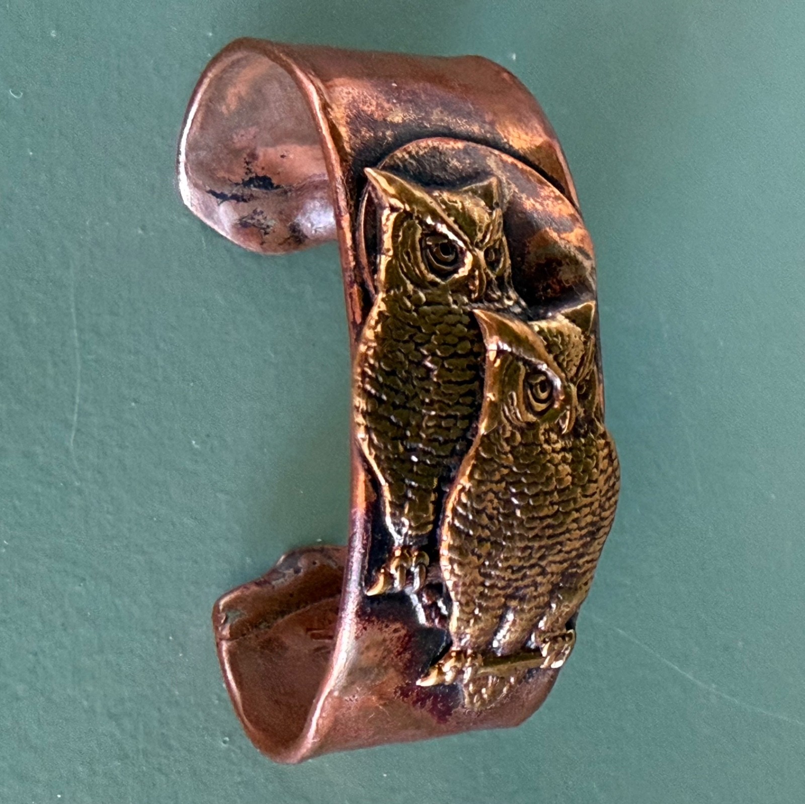 "Stunning Heavy Brass on Copper Artisan "Two Owls" Cuff Bracelet 1”W. Marked “M”