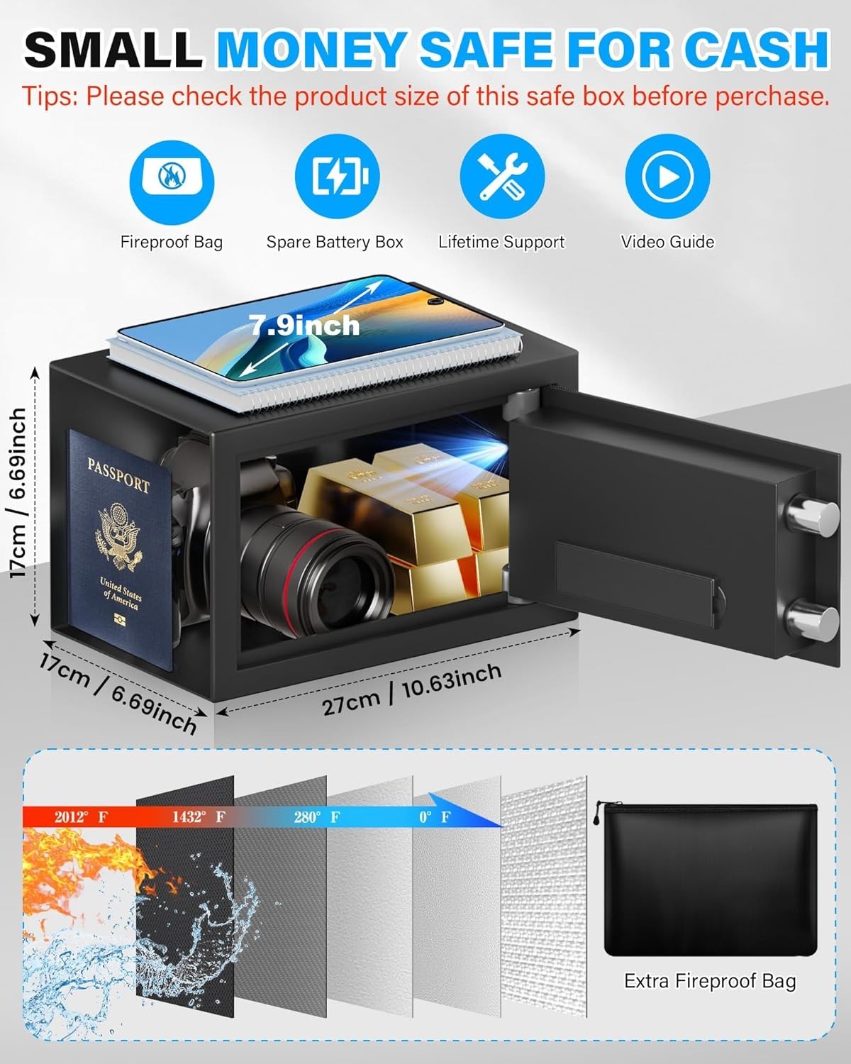 Compact 0.30 Cuft Small Safe Box with Fireproof Bag & Digital Keypad Access
