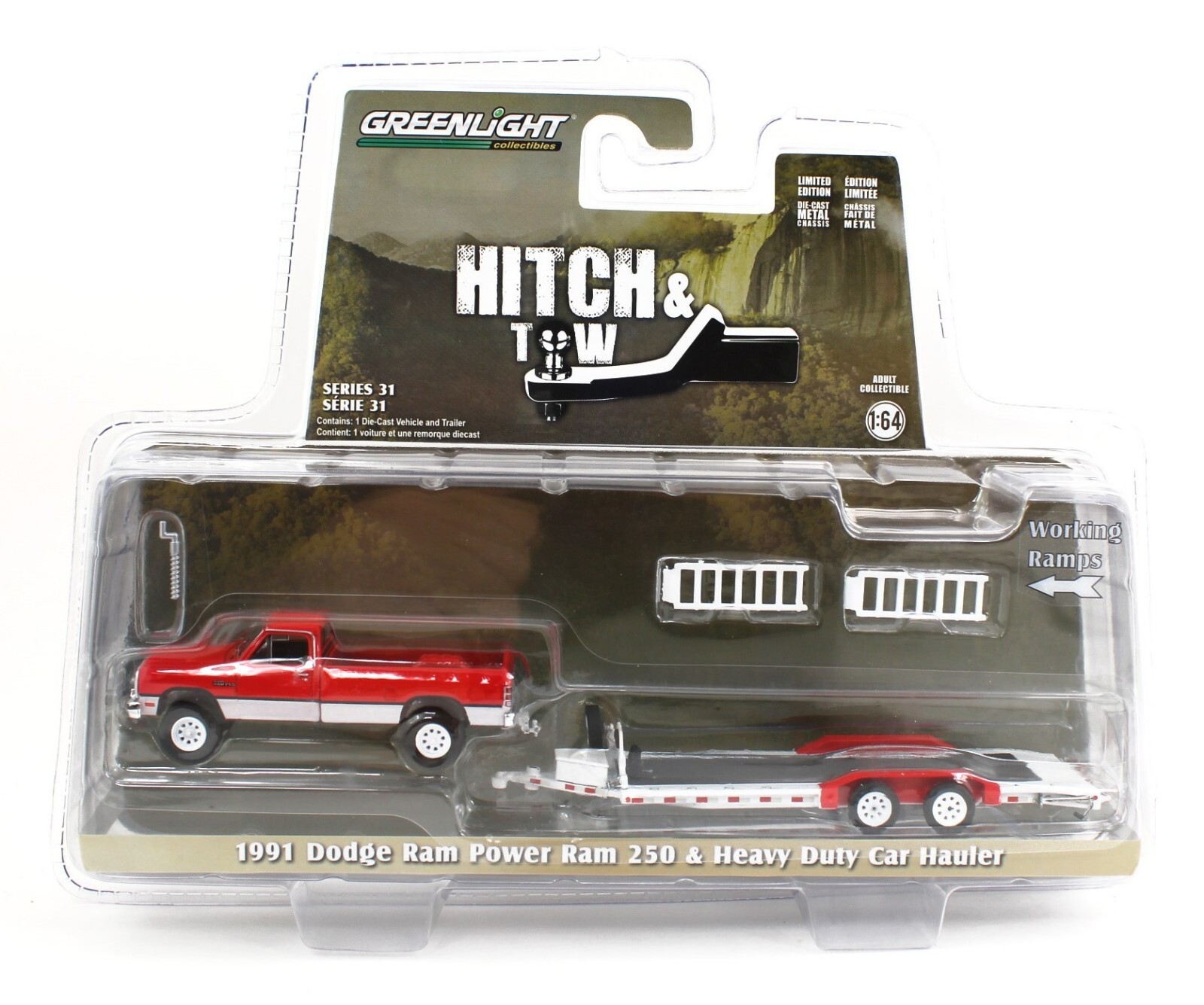 1:64 GreenLight *HITCH & TOW 31* Red 1991 Dodge Ram 250 & Flatbed Trailer NIP!