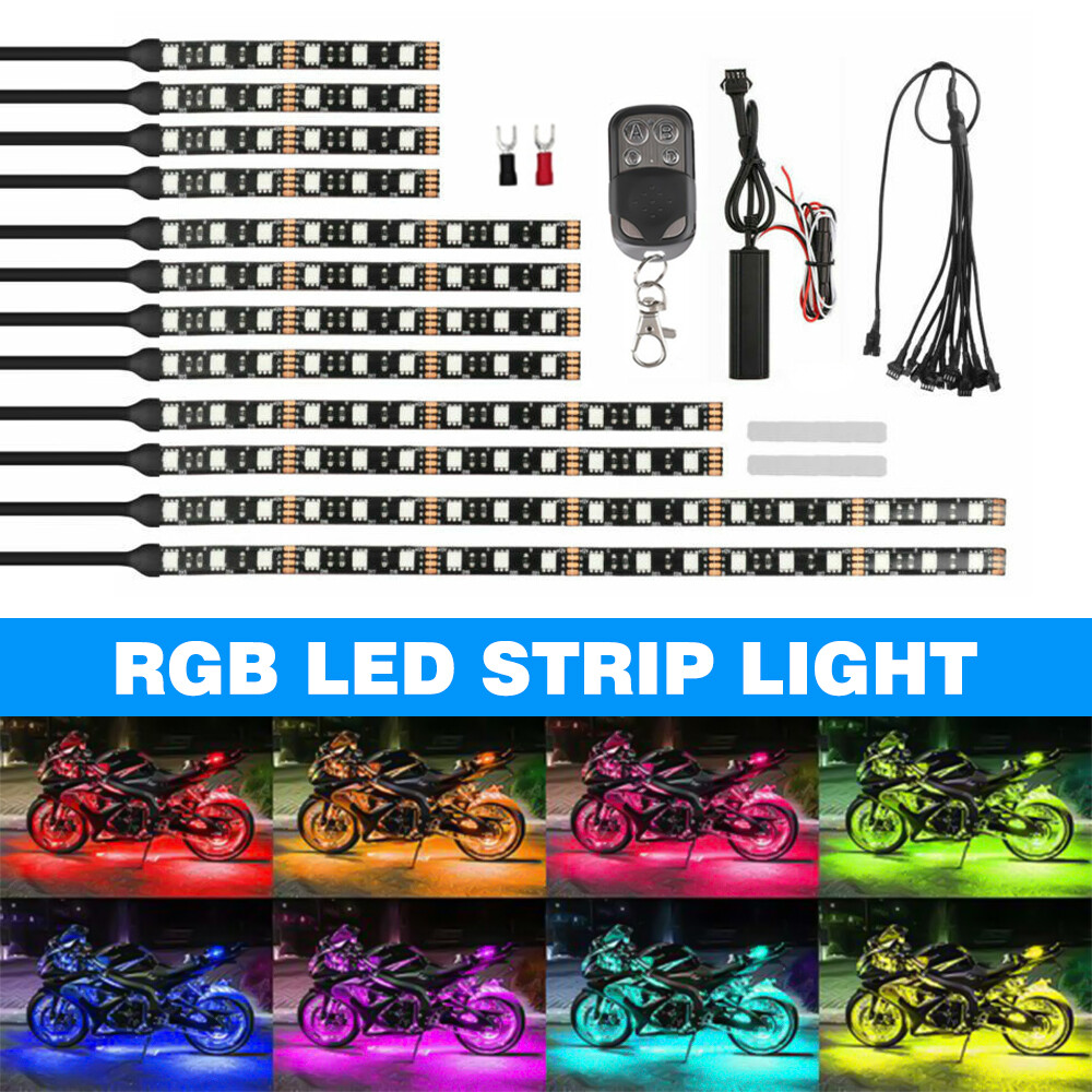 12PCS Motorcycle RGB LED Light Brake Stop Under Glow Neon Strip Control Kit