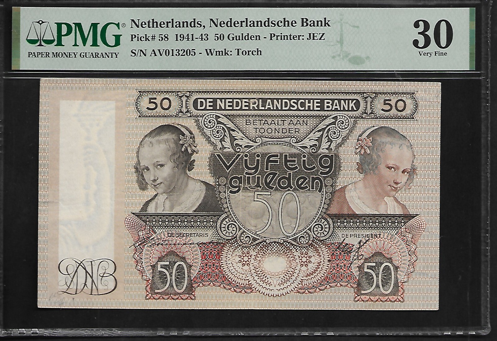 Netherlands 50 Gulden 1941 PMG 30 P#58 Nederlandsche Bank Printer JEZ.