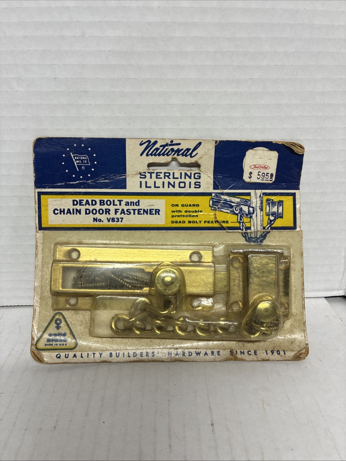 Vintage National Mfg Solid Brass Chain Door Fastener w/Deadbolt V837