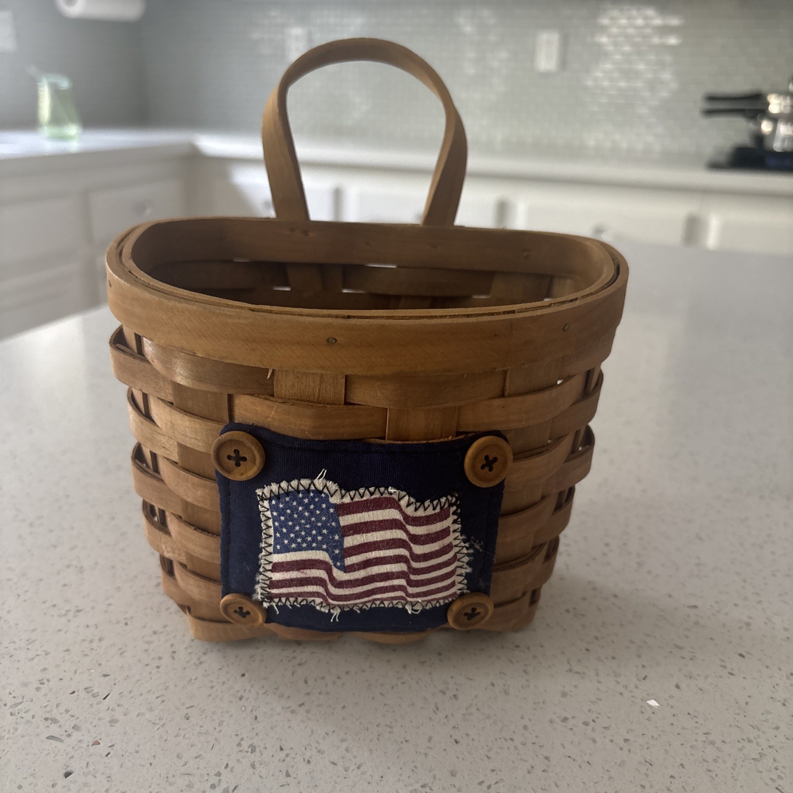 Vtg Americana Patriotic US Flag Hanging Woven Basket July 4th USA 7"