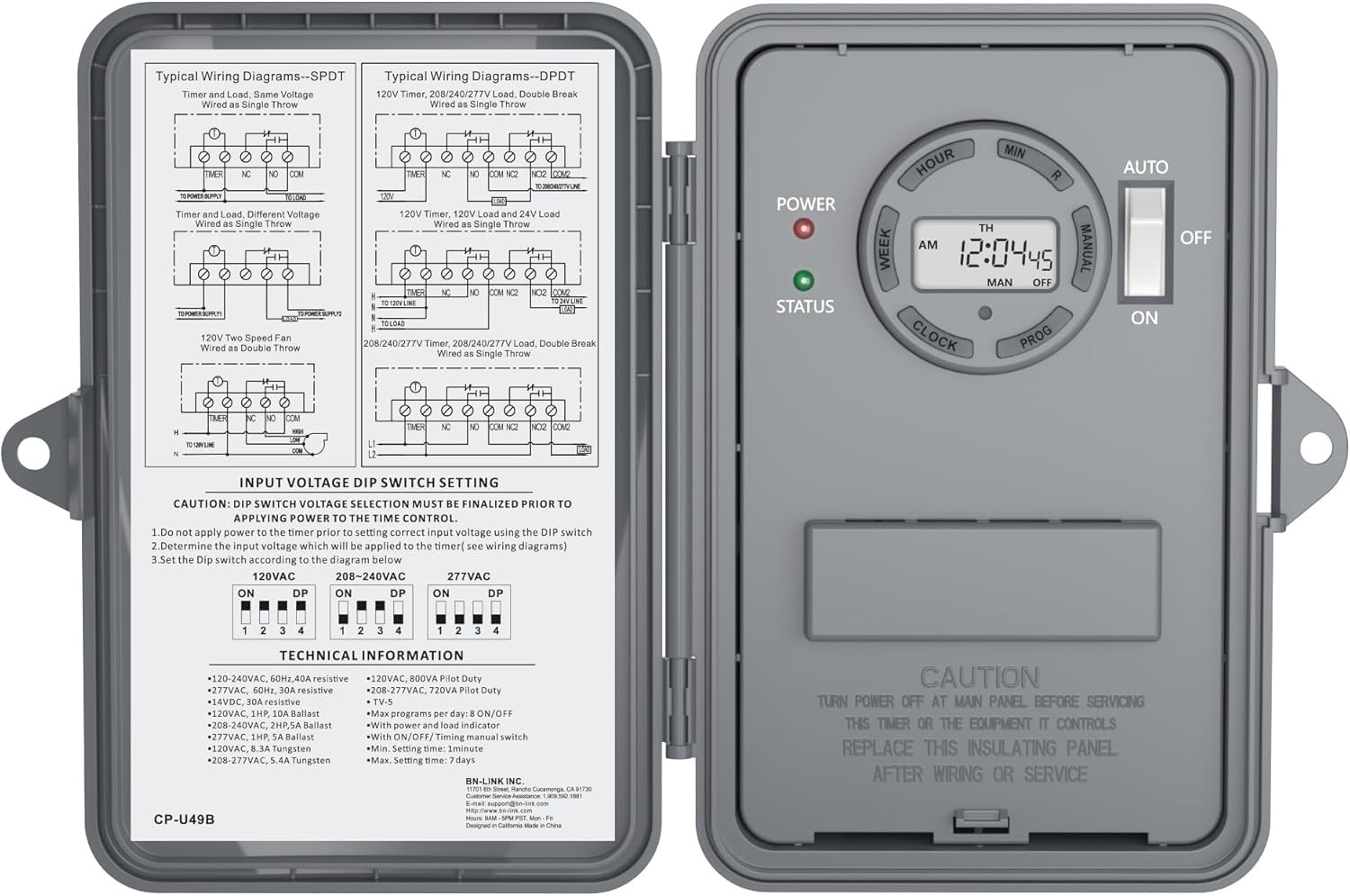 BN-LINK Pool Pump Timer, Outdoor Timer Box, Heavy Duty, 2HP 40A Max, Gray