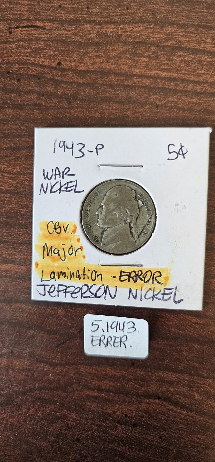 1943-P Jefferson War Nickel, Lamination Error With A Fold, Circ. Free Shipping