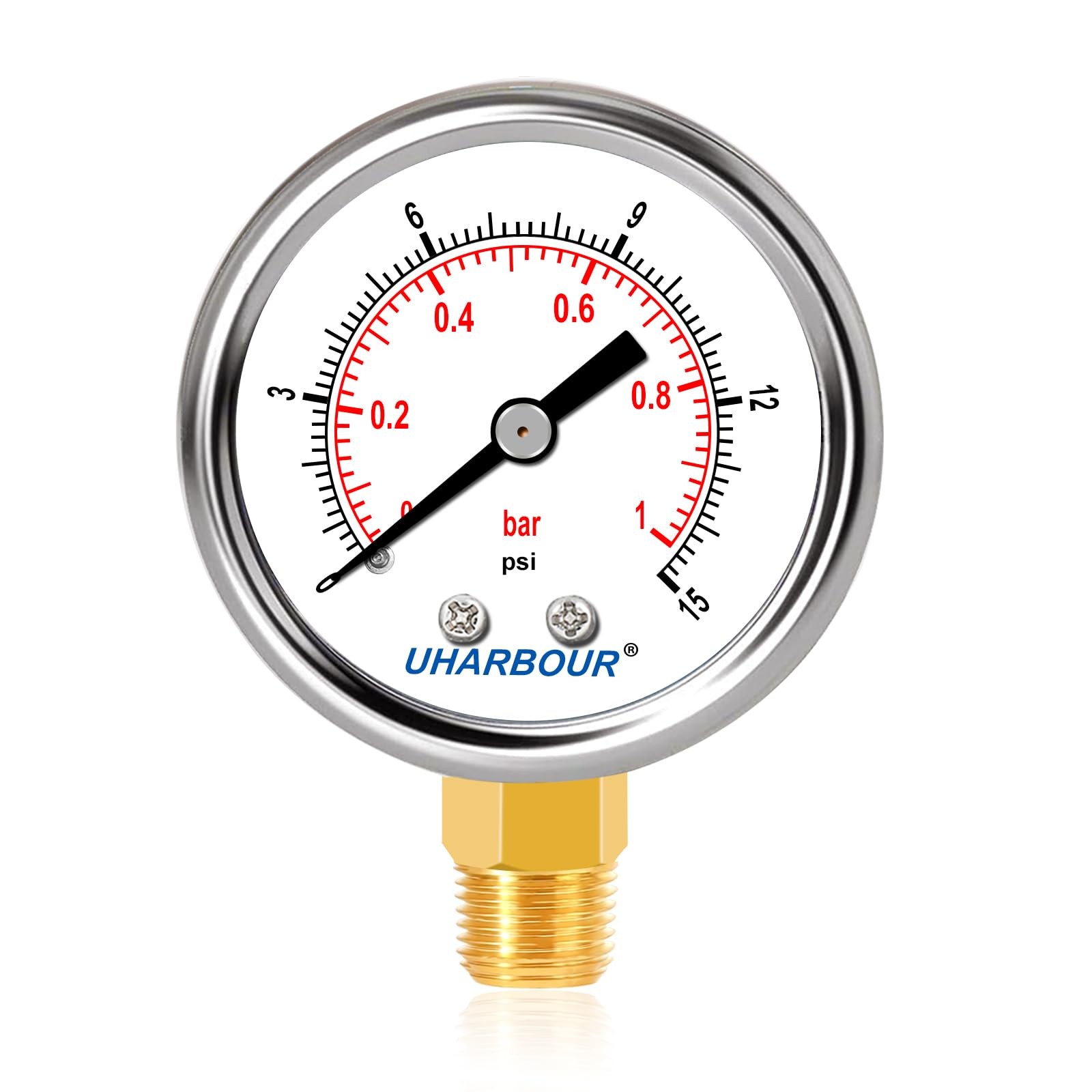 UHARBOUR Lead-Free Water Pressure Gauge 0-15Psi 2" Dial, 15PSI Lead Free