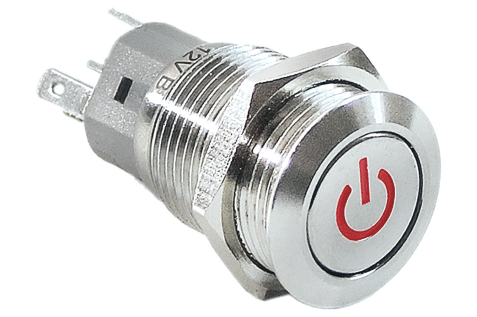 5/8" Silver Stainless Steel Power Switch w Red LED Latching Button 16mm 12V SPST