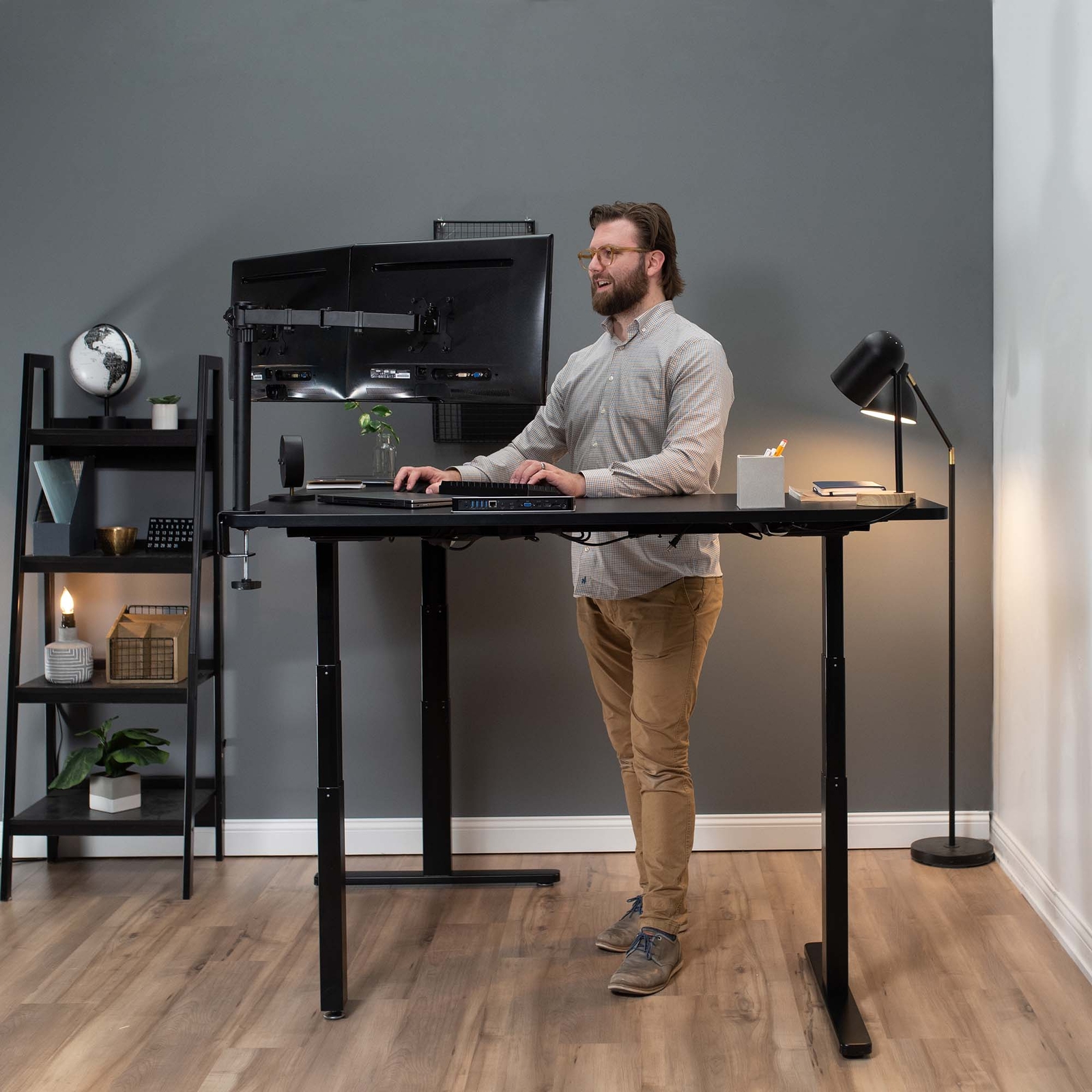 VIVO Electric Stand Up Corner Desk, Black Table Tops, White Frame