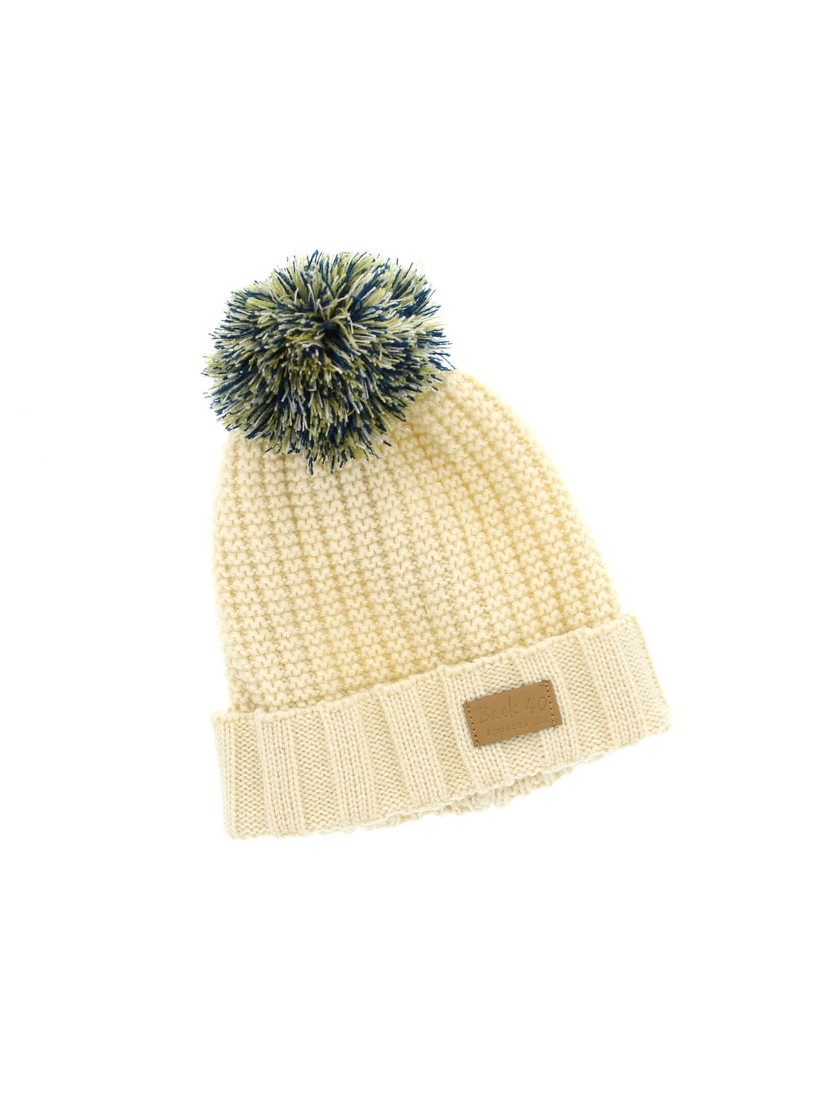 Cable Pom Pom Cuffed Unisex Cream Multi Color Knit Cuffed Winter Hat by Back 40
