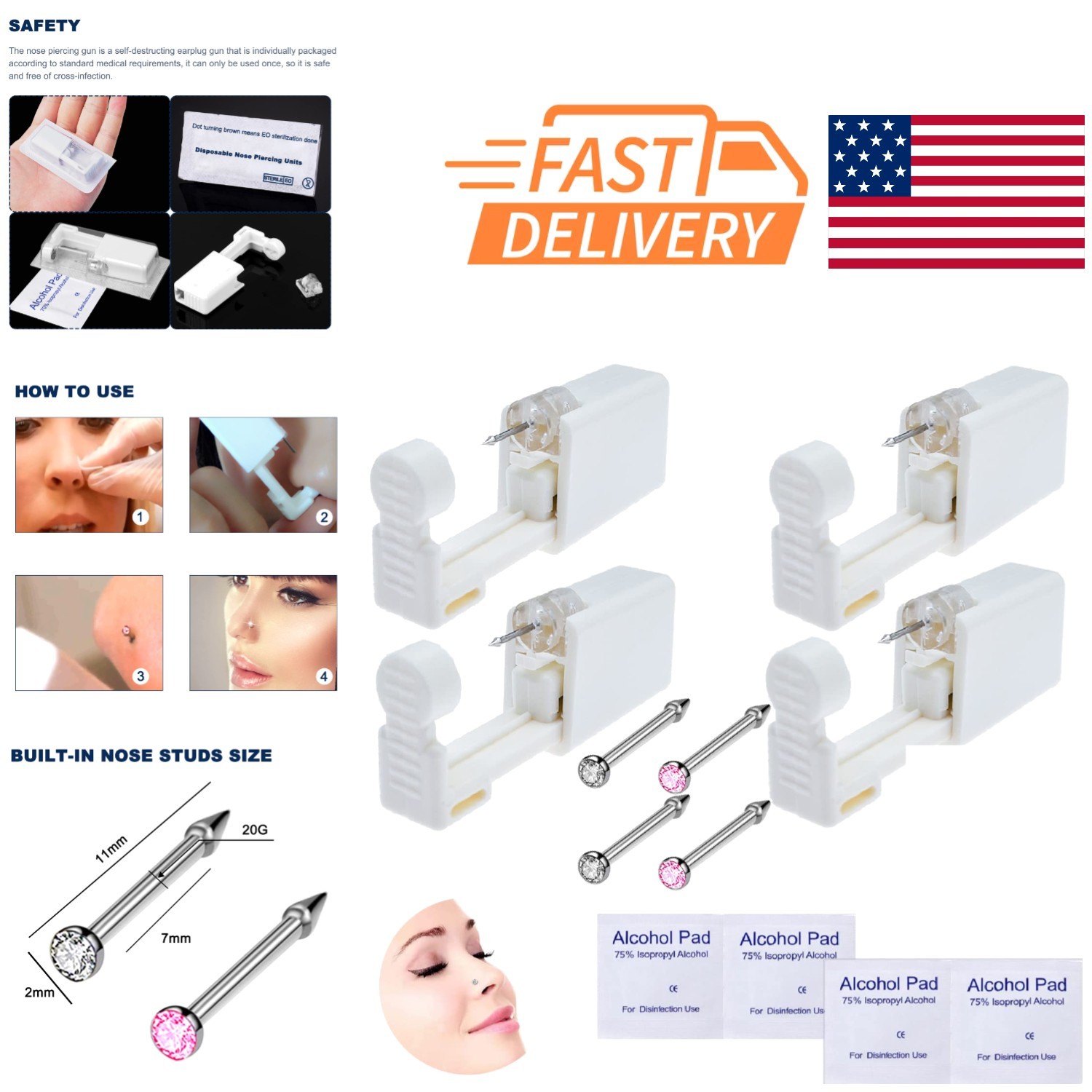 Nose Piercing Kit 4 Pack Easy Use Disposable Gun with Clear and Pink Studs