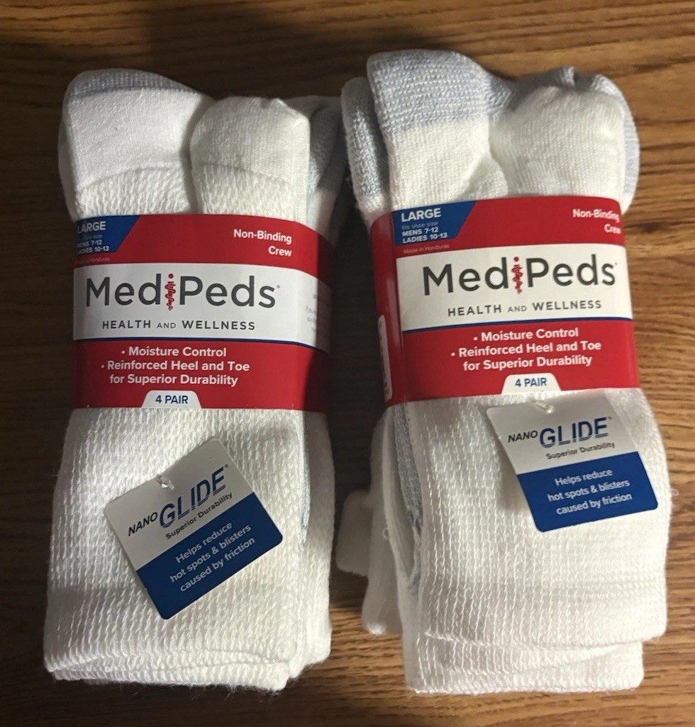 Medi Peds  Large Non-Binding Crew Socks!  White 8 Pairs