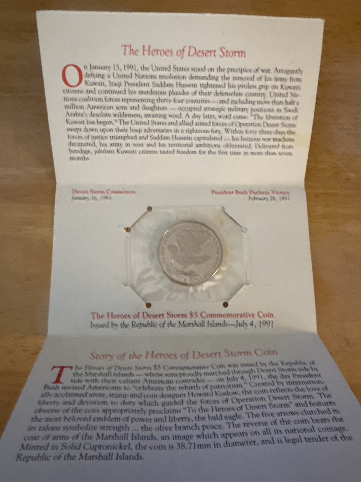 1991 Heroes Of Desert Storm $5 Commemorative Coin Sealed In Information Folder.