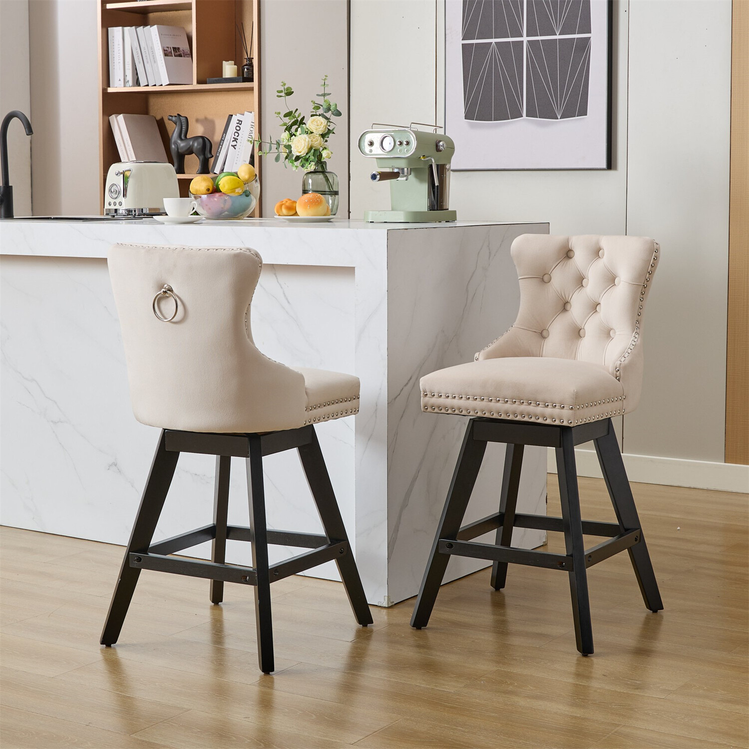 Set of 2 Swivel Velvet Bar Stools Bar Chair Counter Height Dining Chair