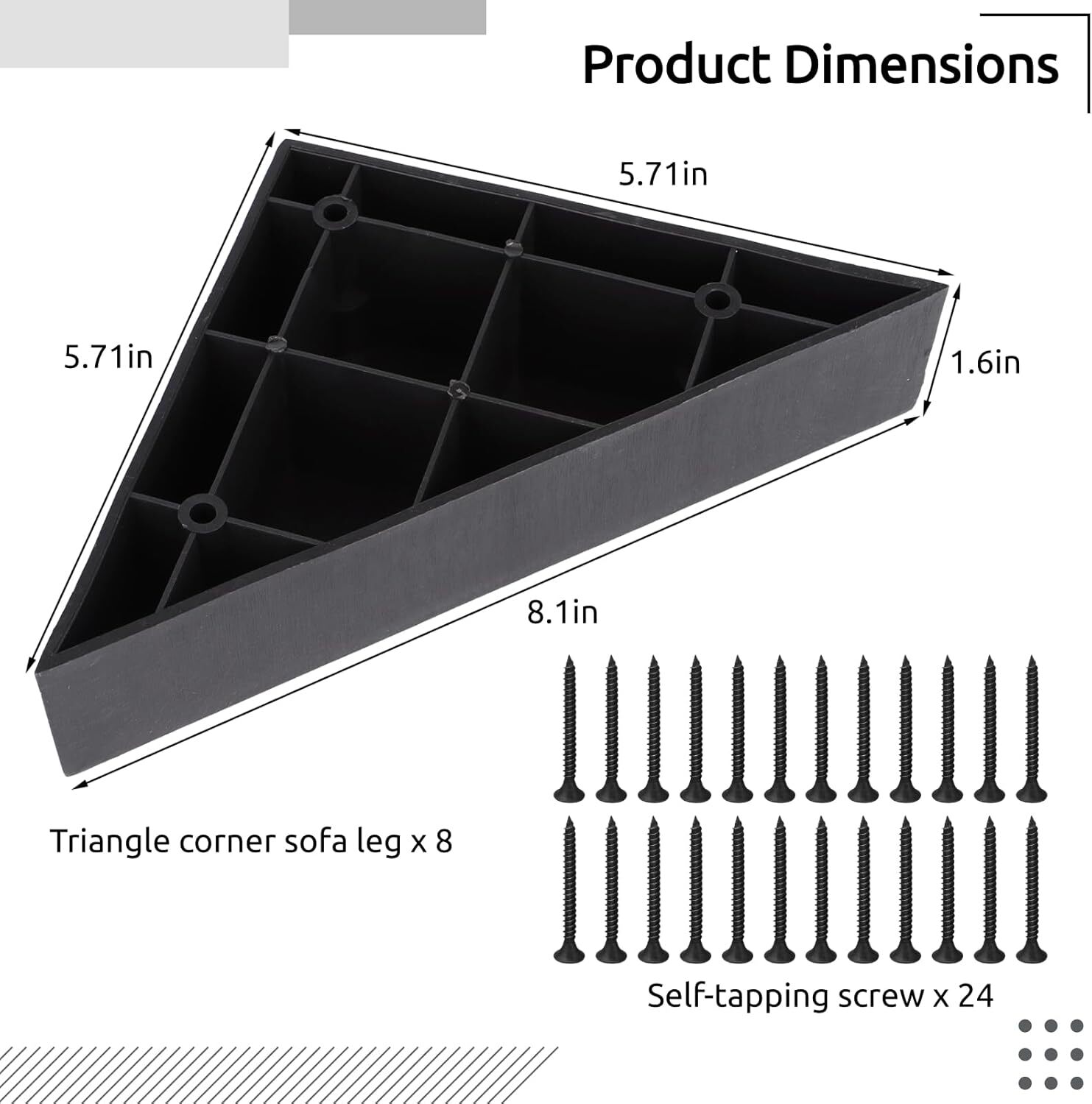 8pcs Couch Legs Replacement Plastic Triangle Corner Sofa Black with Screws Chair