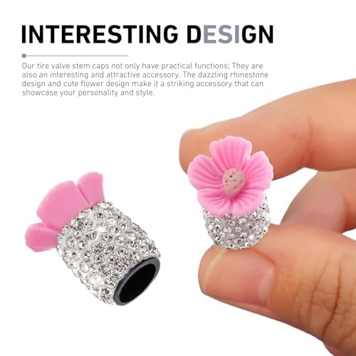 4 PCS Bling Tire Valve Stem Caps, Shiny Rhinestone Flower Car Air 1 PCS Pink