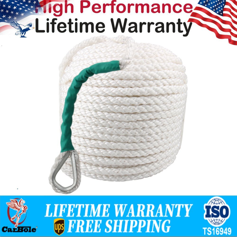 1/2"x100'White Anchor/Rope/Boat/Dock Line Double Braid Polypropylene W/ Thimble