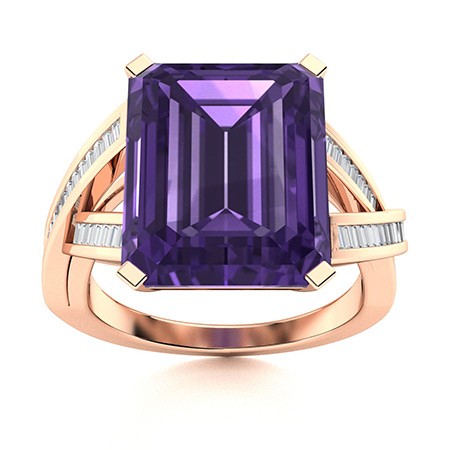 16x12mm Emerald Cut Amethyst Ring 925 Silver Rose Plated Baguette Cocktail Band