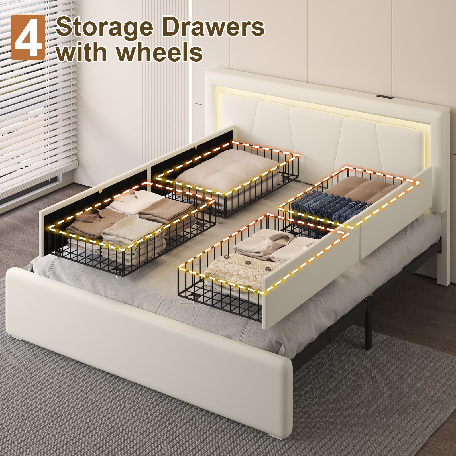 E-MOTIE Upholstered Bed Frame with 4 Storage Drawers & Adjustable Headboard
