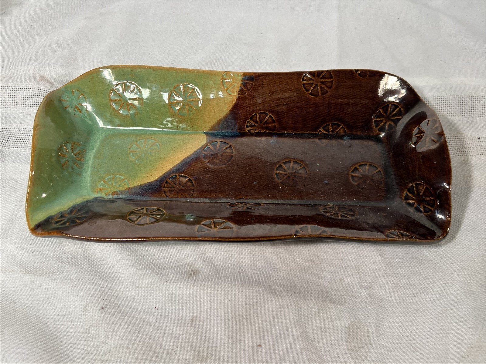 Lovely Brown & Green Studio Pottery Tray Signed McCullough, 2008 13" long