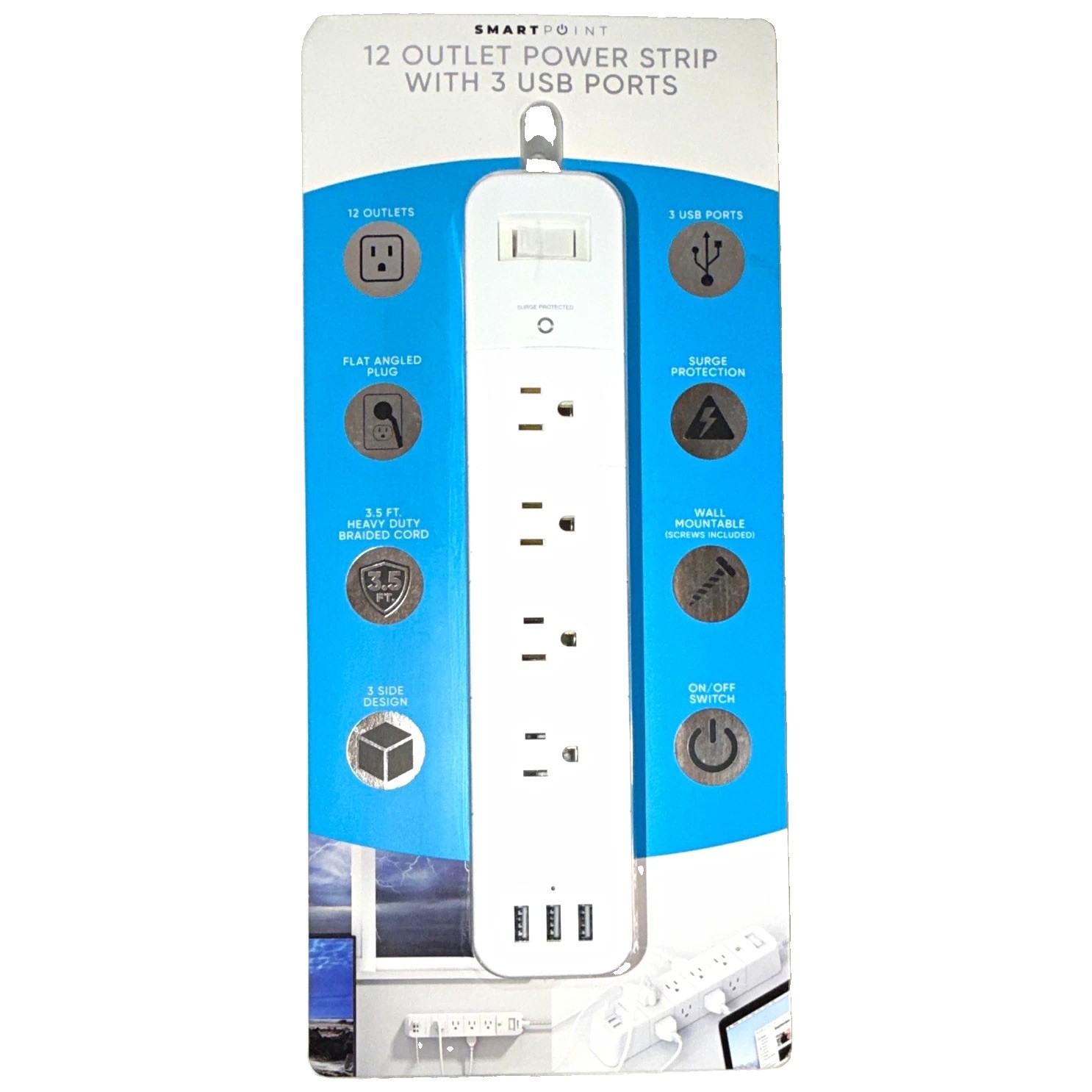 Smartpoint 12-Outlet Power Strip 3 USB, Surge, Switch, Wall Mount, 3.5ft White